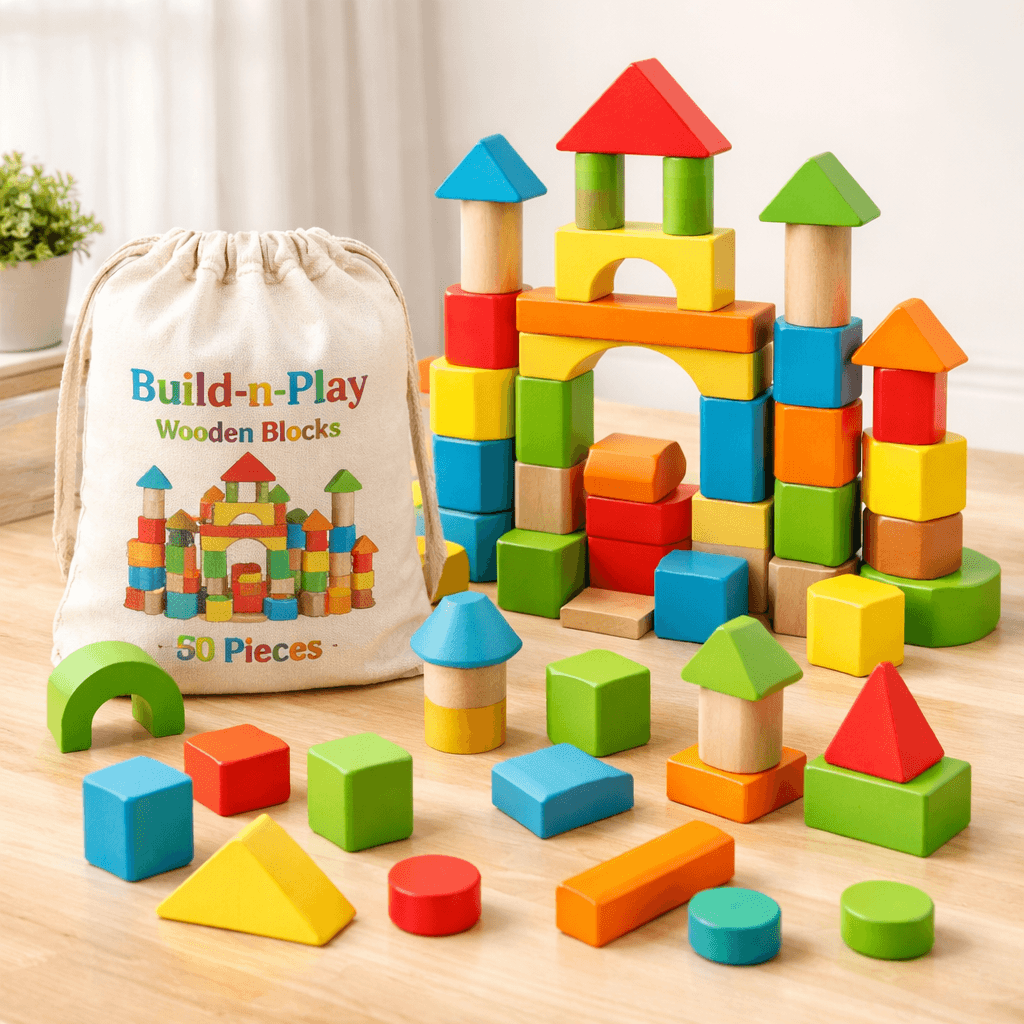 Build‑n‑Play Wooden Blocks (50‑Piece) - The Happy Tots
